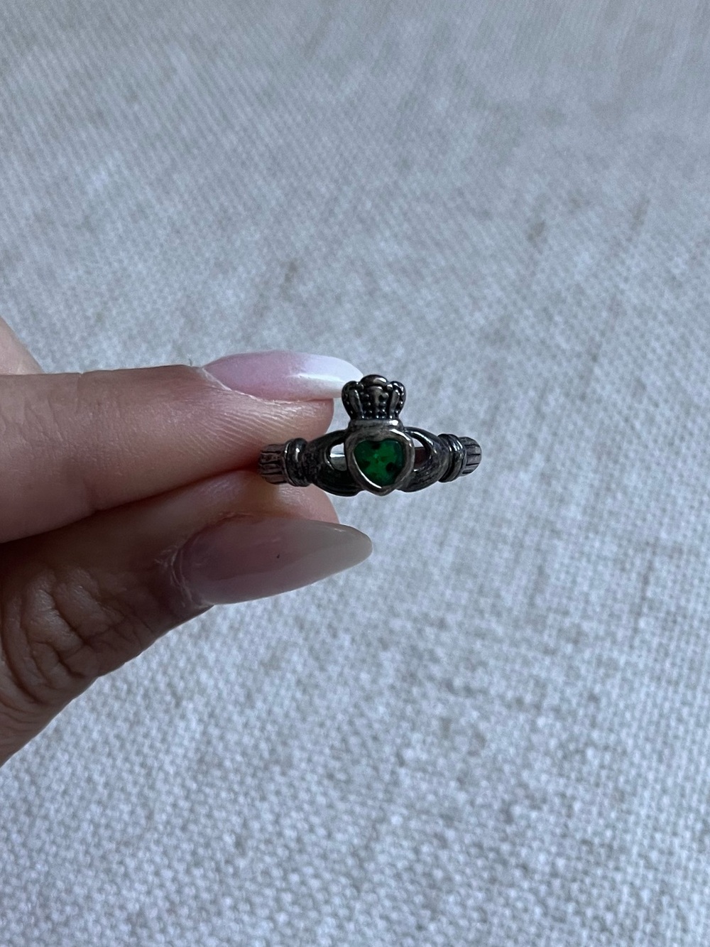 Sterling Silver Claddagh Ring with Green Stone - Women Jewelry